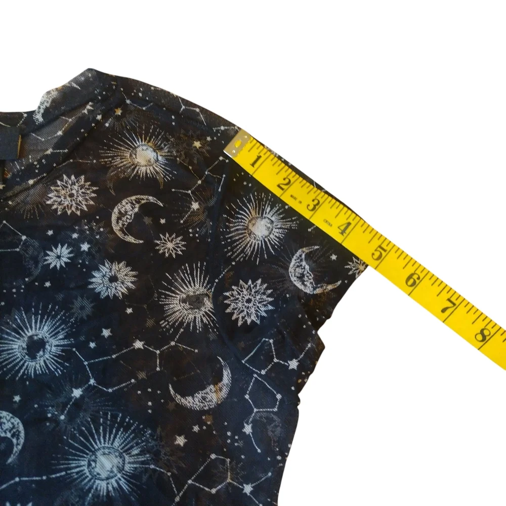 Just Polly NY Black and White Constellation Witchy Starry Print Sheer Top Sz S-L_3